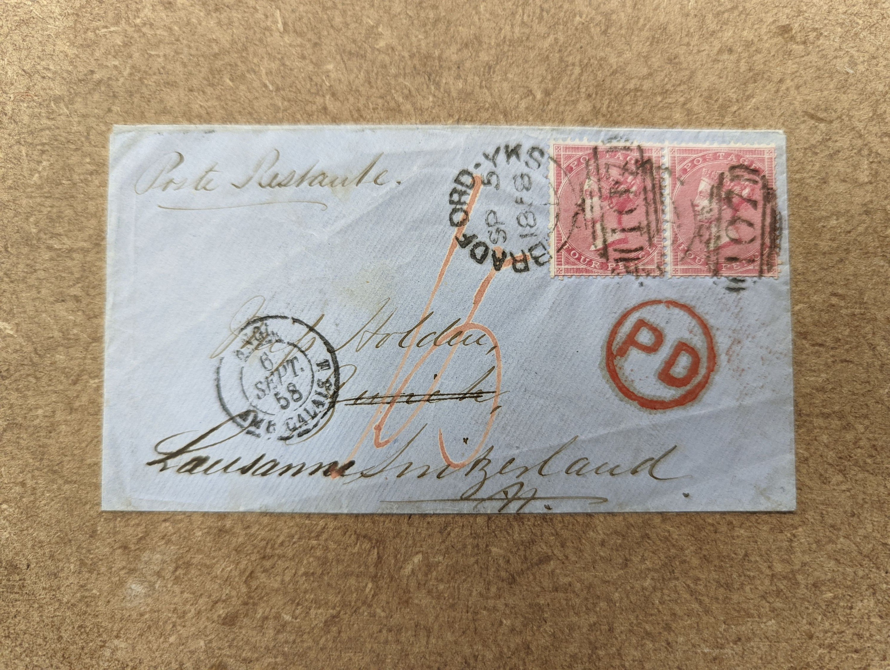 Great Britain group of seven covers with Dec. 1840 1d black plate 4, Feb. 1841 1d black, pair plate 8 to Southampton, Apr. 1841 1d black plate 7, 1856 2d blue. Two large covers with 1d reds and 1858 2d blue. 1858 pair 4d